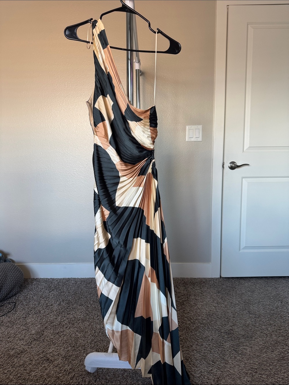 Dress Forum One-Shoulder Pleated Dress in Black, Cream, and Tan